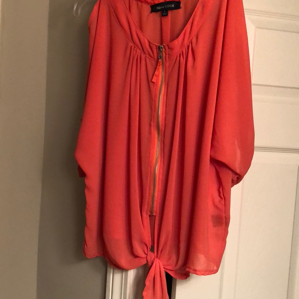 Women’s coral cold-shoulder zip front blouse